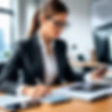 Attorney Utilizing Legal Translation Technology An attorney using a mobile device for quick legal translations in a busy office setting.