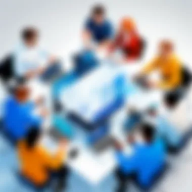 Collaboration in Marketing A group of professionals collaborating on a digital marketing project