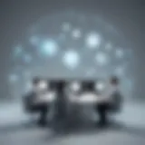 Virtual team brainstorming ideas in a futuristic virtual office environment