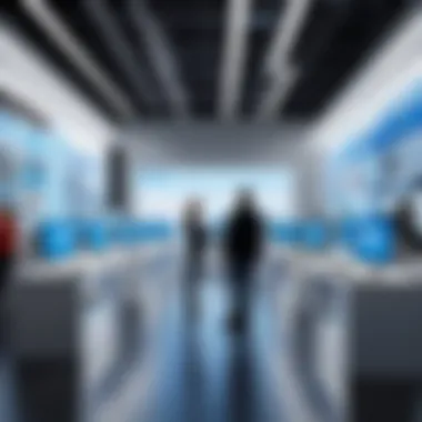 Customers engaging with technology products in a dynamic retail environment