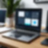 A creative workspace featuring a laptop with flip book software on the screen, surrounded by sketches and design materials.