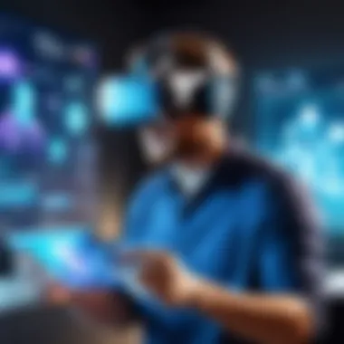 Interactive Storytelling Experience Virtual reality user interacting with holographic characters
