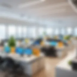 A modern office showcasing collaborative workspaces