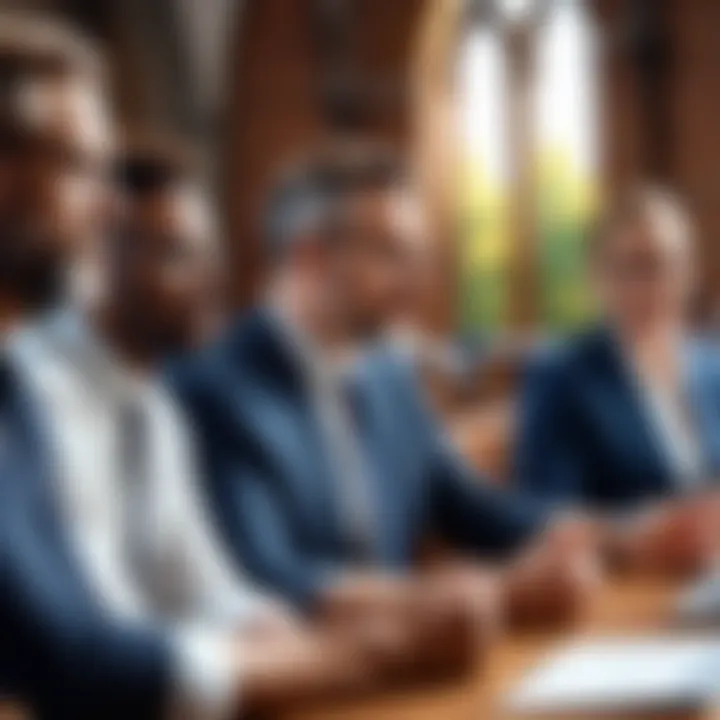 A diverse group of church administrators discussing finances