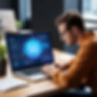 User Experience with Velocity Insurance Software A user engaging with Velocity Insurance Software on a laptop in a modern office environment.